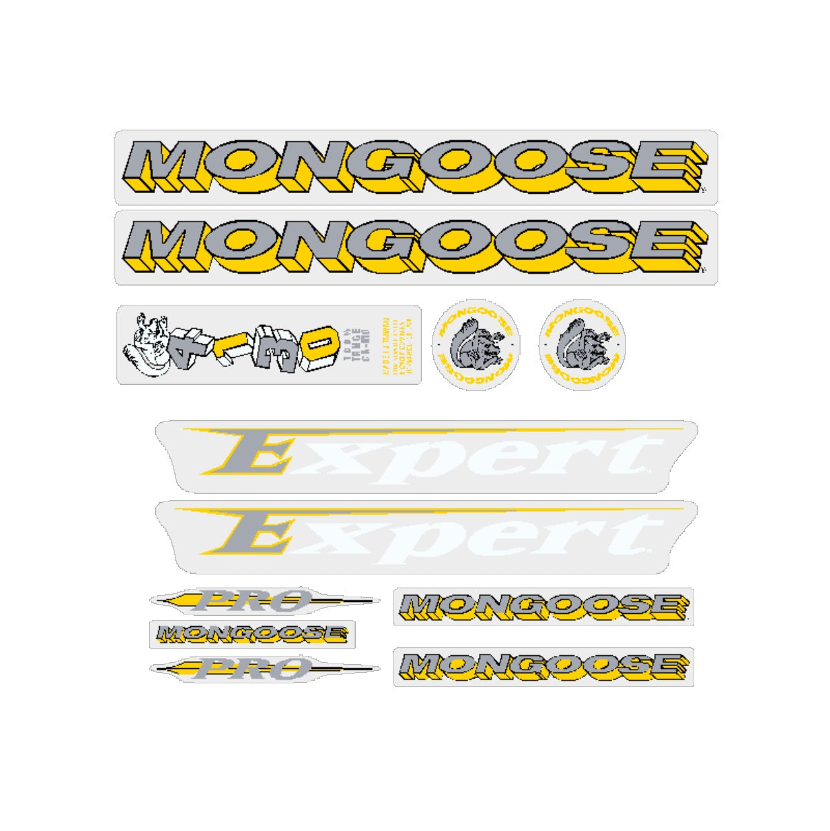 1994 Mongoose Expert Pro Silver Yellow Decal set for green frame BMX Products USA