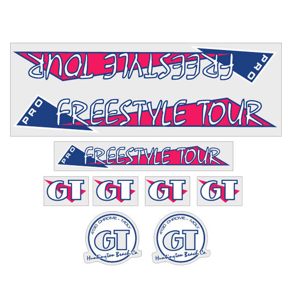 1986 GT BMX PRO Freestyle Tour Magenta and blue on Clear decal set BMX Products USA