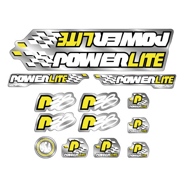 Powerlite P38 Yellow White Black on Chrome decal set BMX Products USA